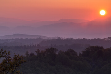 Sun rising over the medieval village of Morlupo, in the Roman countryside