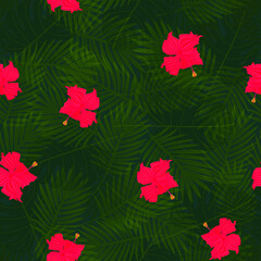 Fototapeta na wymiar Exotic composition of hibiscus flowers on palm leaves background. Tropical seamless vector pattern.