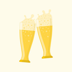 Two clinking glasses of beer. Vector illustration on a light yellow background. Icon. sign. For various design purposes.