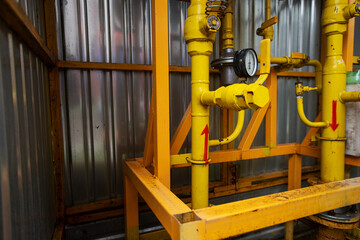 gas communications, nodal points of interlacing of yellow gas pipes, the pipeline is serviced, for repairs to ensure safety, eliminating gas leaks, saving people, gas fuel is piped to homes, new equip