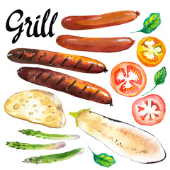Watercolor Illustration with grill food. Eggplant, asparagus, tomato, sausages.