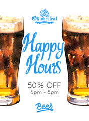 Happy hours poster. Watercolor illustration with glass of stout beer in picturesque style for bar. Drink menu for celebration. Special offer.