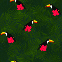 Fototapeta na wymiar Exotic composition of toucans and tropical flowers on the background of palm leaves. Seamless vector pattern.