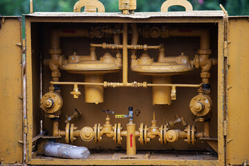 gas communications, nodal points of interlacing of yellow gas pipes, the pipeline is serviced, for repairs to ensure safety, eliminating gas leaks, saving people, gas fuel is piped to homes, new equip