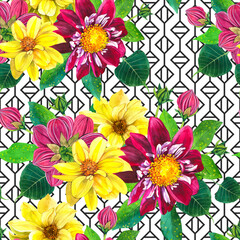 Blooming dahlias watercolor seamless pattern. Yellow, purple georgina on rhombus geometric background. Flowers blossom, buds and leaves with aquarelle texture. Floral wrapping paper, wallpaper design