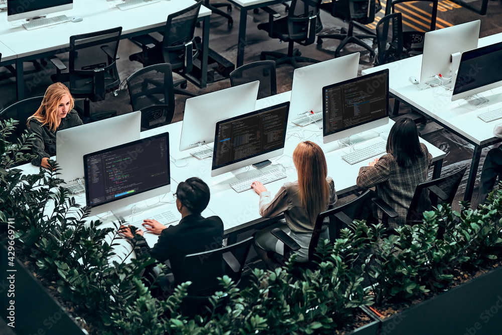 Wall mural photo from above. business people work on computers in a spacious office center. data analysis, stat