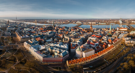 Obraz premium Aerial panorama view of old city Riga, Latvia with Dome cathedral and river Daugava
