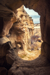 Natural tunnels and grottoes in the Pigeon Valley of Cappadocia, Turkey in early spring