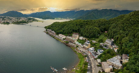Fototapeta na wymiar Aerial view of Kawaguchi lake at sunset evening, Japan