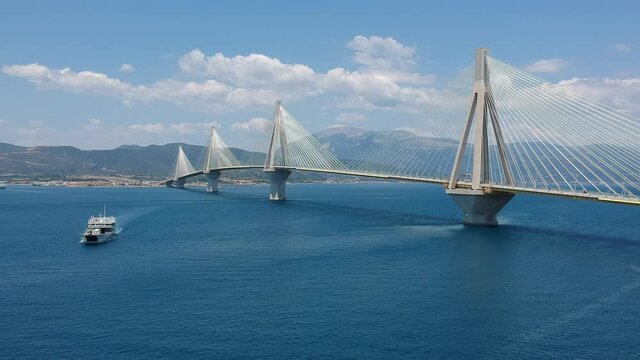 Aerial view of Rio Antirrio or Charilaos Trikoupis Bridge near Patra City, Greece