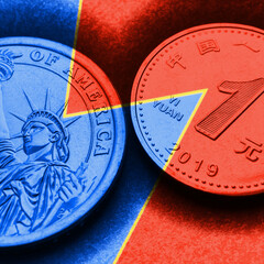 Translation: People's Bank of China, one yuan. 1 American dollar and 1 Chinese yuan coins. Blue and red tinted square illustration. Economic rivalry between the United States and China. Macro