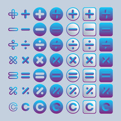 Set of calculator buttons signs and symbols for applications. Colorful multicolored vector badges for design. 