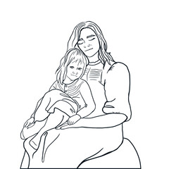 Mom gently hugging her daughter with a lot of love. Mother's day or March 8 card, holiday concept. Outline isolated vector design.