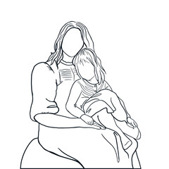 Mom gently hugging her daughter with a lot of love. Mother's day or March 8 card, holiday concept. Outline isolated vector design.