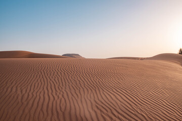 Fototapeta na wymiar Sunset in Dubai desert sand waves and dunes.