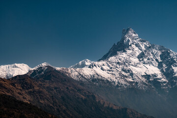 Machapuchare mountain in the Himalaya Nepal. View from the Mardi Himal range in spring time. 