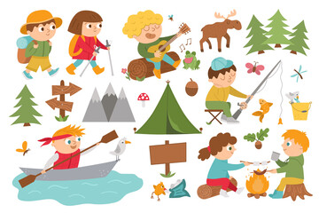 Vector cute children doing summer camp activities. Kids hiking, fishing, rafting, eating marshmallow and sausage by the fire and playing the guitar. Outdoor tourists, nature and animals icons set. .