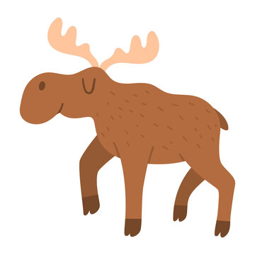 Vector cartoon moose. Funny woodland animal. Cute forest illustration for kids isolated on white background. Adorable walking elk icon.