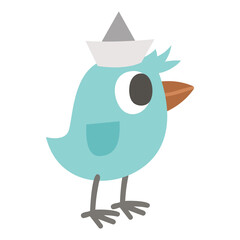 Vector blue bird in hat. Funny woodland animal icon. Cute forest illustration for kids isolated on white background. .