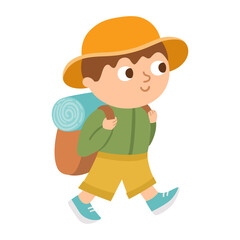 Vector cute boy with backpack. Hiking traveler isolated on white background. Outdoor tourist icon. Cute cartoon kid doing summer camp activity. Funny hiker illustration.