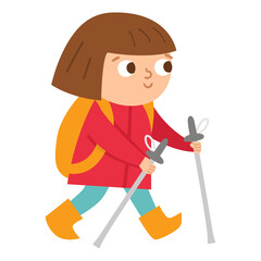 Vector cute girl with backpack and walking sticks. Trekking traveler isolated on white background. Outdoor tourist icon. Cute kid doing summer camp activity. Funny hiker illustration.