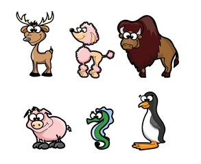 Collection of hipster cartoon character animals deer, poodle, bison, penguin, pig