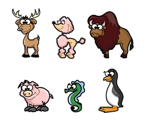 Muurstickers Collection of hipster cartoon character animals deer, poodle, bison, penguin, pig © virinaflora