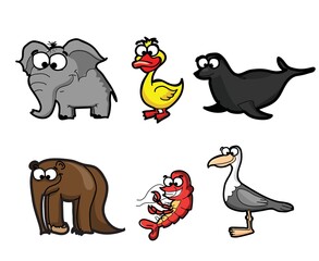 Collection of hipster cartoon character animals elephant, anteater, duck, seagull, shrimp