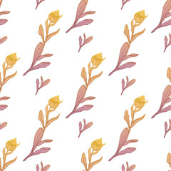Leaves for children. Beige and gold. Vector. Children's texture. Leaves seamless pattern. Soft pastel colored leaves in a modern style on a white background.