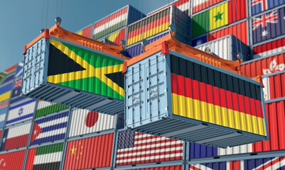 Freight containers with Jamaica and German national flags. 3D Rendering 