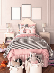 Children's room for girls in classic style in light pink colors and white furniture. 3D rendering. Three frames mockup