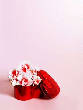 Heart shape gift box and bouquet on pink background.