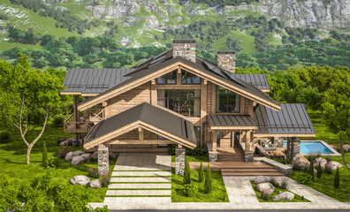 Fototapeta na wymiar 3d rendering of modern cozy chalet with pool and parking for sale or rent. Beautiful forest mountains on background. Massive timber beams columns. Clear sunny summer day with cloudless sky.