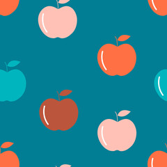Apples fruit on a blue background for printing on fabric, textiles, pillows, wallpaper. Modern cute childish seamless print. 
