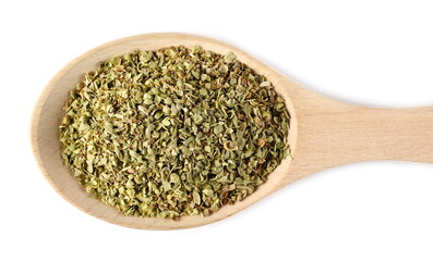 Pile of dried oregano leaves in wooden spoon isolated on white background, top view