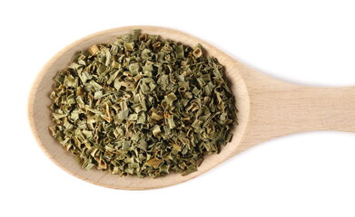 Dry chives pile in wooden spoon isolated on white background, top view