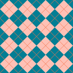 Argyll. Seamless pattern with squares, rhombuses and lines in blue and pink. For printing on fabrics, textiles, wrapping paper, interior decor, design. 