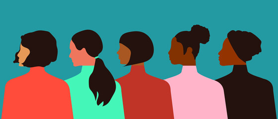 Postcard with International Women's Day. Women of different nationalities and religions stick together. Blue background. Activists and feminists unite. Modern vector graphics.