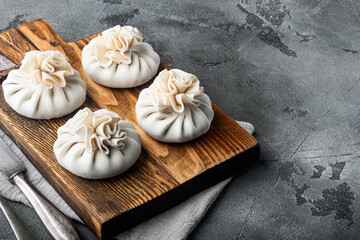 Fototapeta na wymiar Homemade, traditional chinese pan fried dumplings, on gray stone background