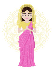young Indian girl prays. A cartoon character. Vector children illustration.