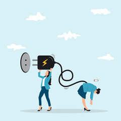 Recharge energy to exhausted fatigue office employee, refresh from overworked or burn out concept, business woman manager holding huge electric plug to recharge low battery exhausted worker.