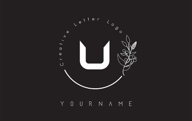 Creative initial letter U logo with lettering circle hand drawn flower element and leaf.