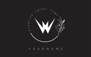 Creative initial letter W logo with lettering circle hand drawn flower element and leaf.