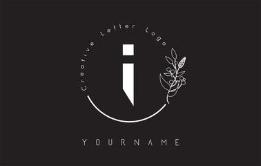 Creative initial letter I logo with lettering circle hand drawn flower element and leaf.