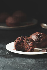 Delicious homemade chocolate muffins close-up.