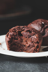 Delicious homemade chocolate muffins close-up.