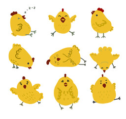 vector graphics freehand drawing chickens different chicken funny sleepy happy eating cockerel