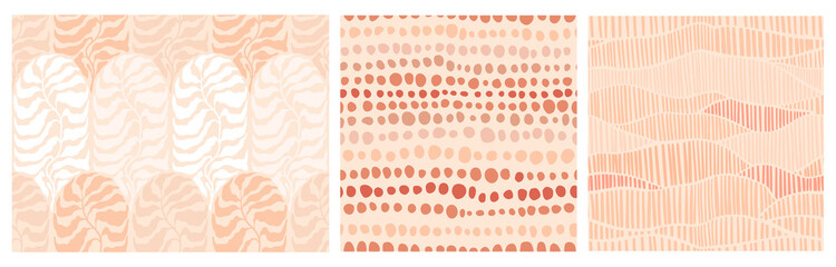 Set of abstract minimalist seamless boho patterns with hand drawn dots and leaves in a mid century style in a natural earthy palette. Modern aesthetic background with trendy design for wallpaper. © AutumnStudio