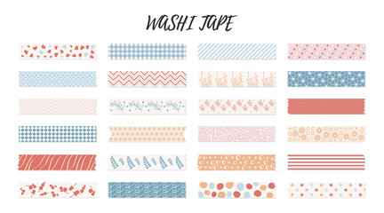 Colorful washi tape strips with geometric and floral patterns. With shadow and ragged edges. Vector illustration isolated on white background. Lines circles flowers polka dots stickers for planner - obrazy, fototapety, plakaty