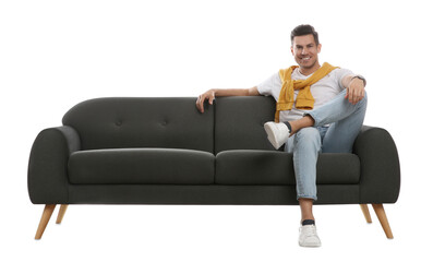 Fototapeta na wymiar Man relaxing on comfortable grey sofa against white background